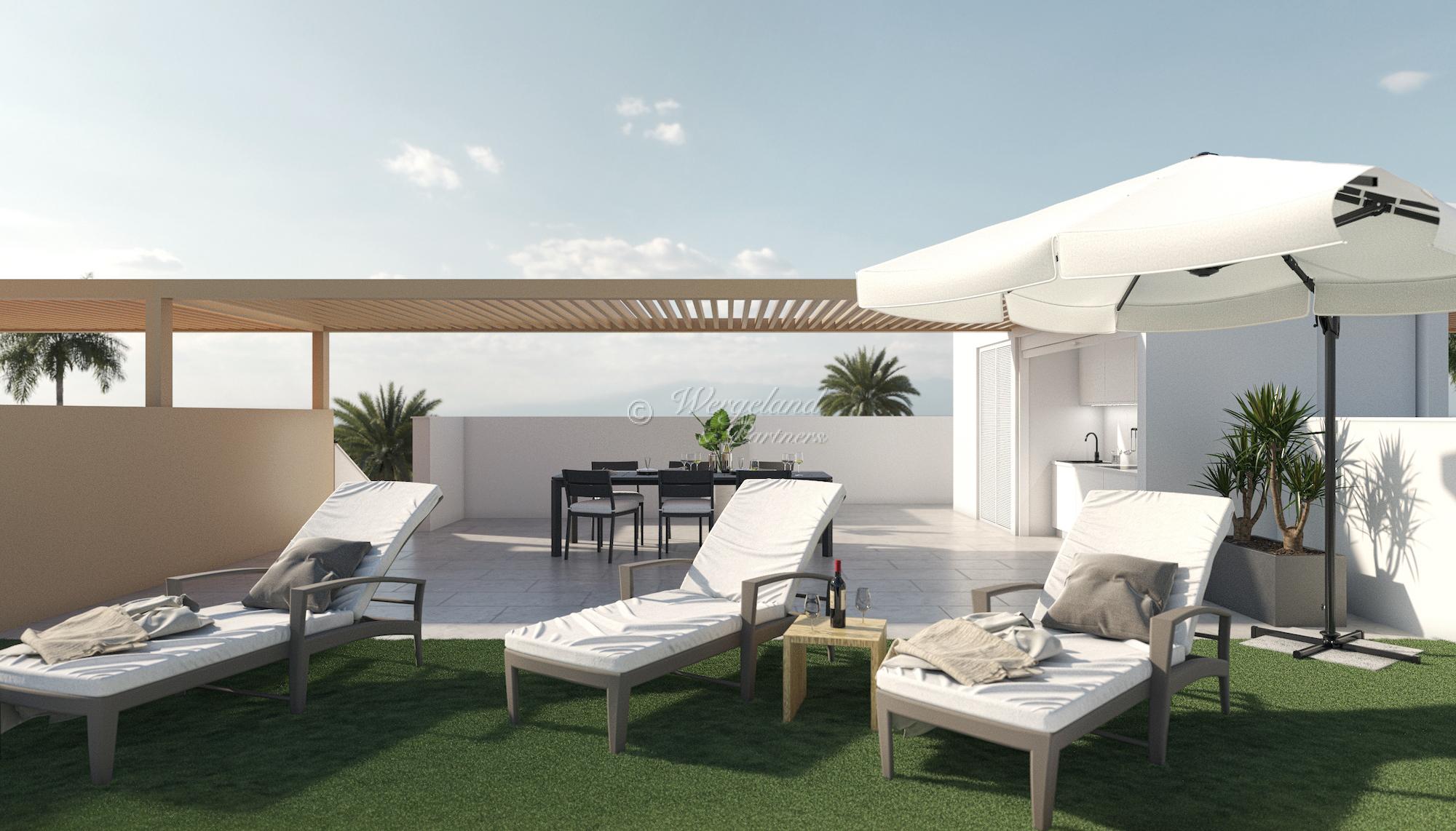 Toppetasje 3 sov/2 bad. Takterrasse, sommerkjøkken, strandnært – mye ekstra inkl! [LBC16]