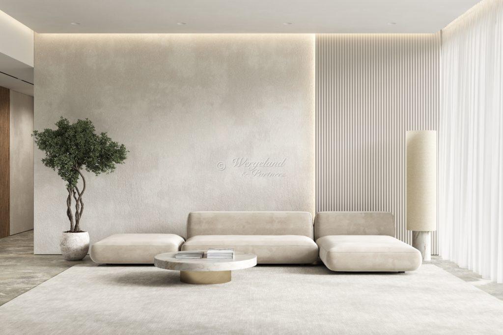  Contemporary,Interior,With,Sofa,,Wall,Panel,And,Decor.,3d,Render