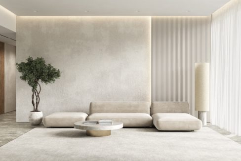 Contemporary,Interior,With,Sofa,,Wall,Panel,And,Decor.,3d,Render